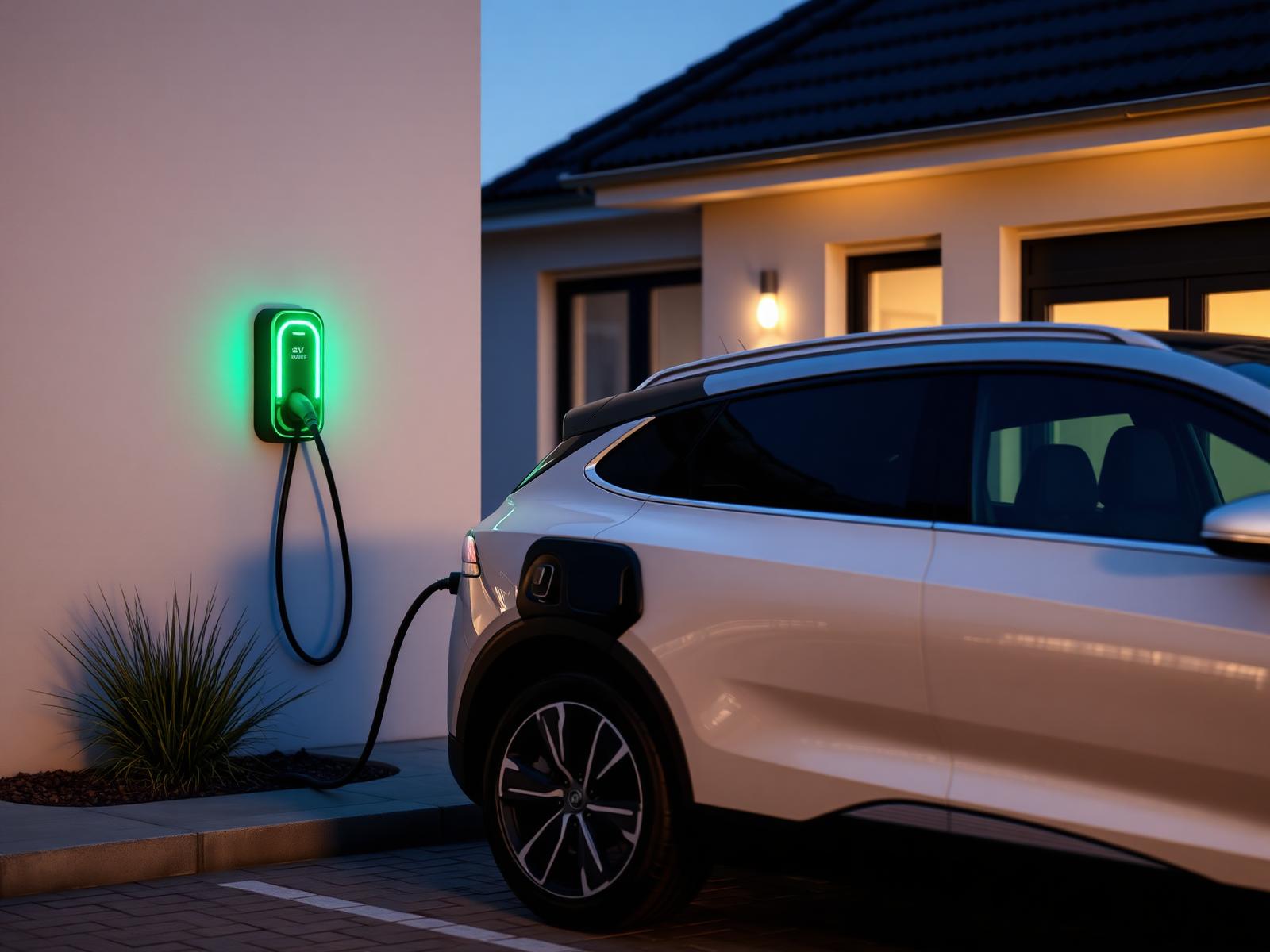 Elektrische auto die thuis laadt aan een moderne laadpaal
